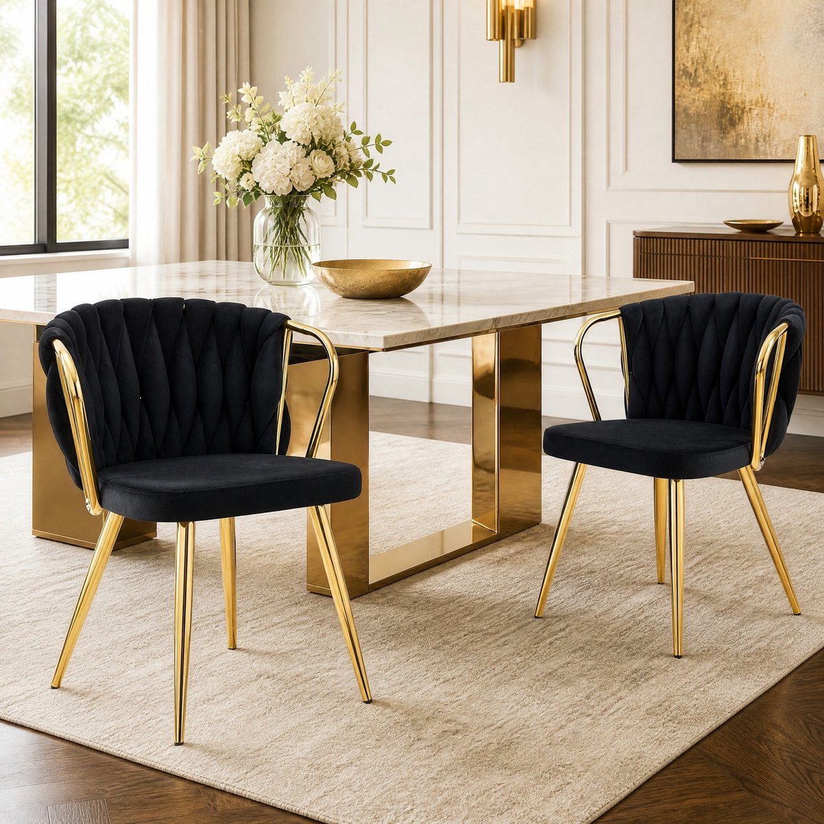 MODENUIT Eetkamerstoel - Met Armleuning - Gestikt Patroon - Voor Eetkamer En Woonkamer - Velvet - Zwart-Goud