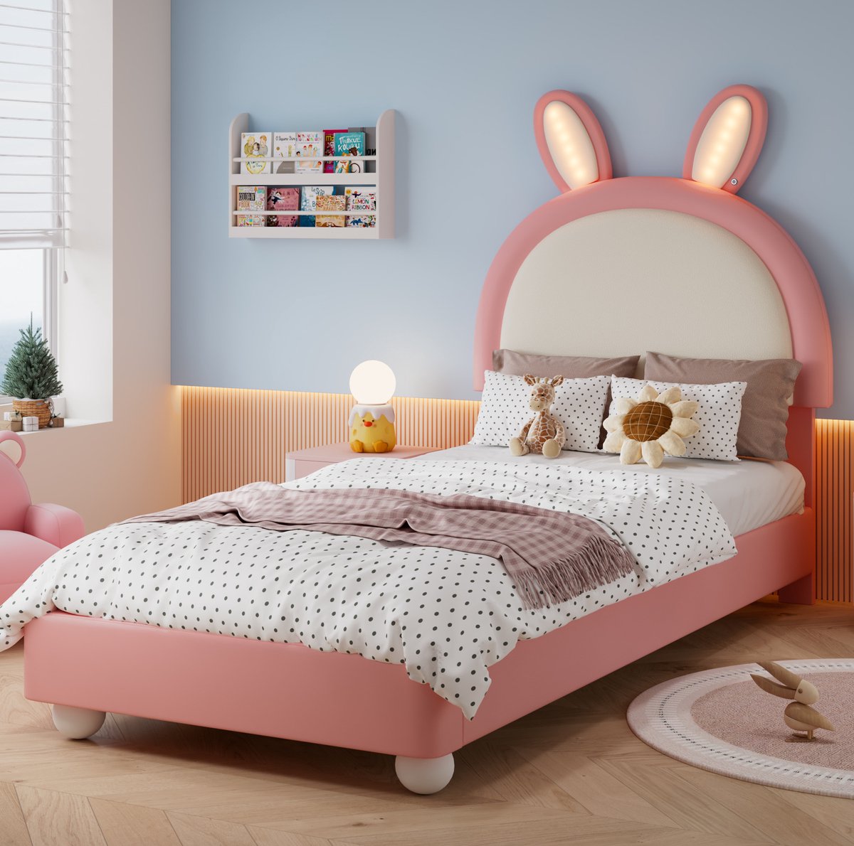 REDOM- Bed - Konijnvorm hoofdbord - LED-lichtstrip - Zachte antikollisie-sponzrand - Stabiel bedframe - PU - Kunstleer - Roze - 90 x 200 cm