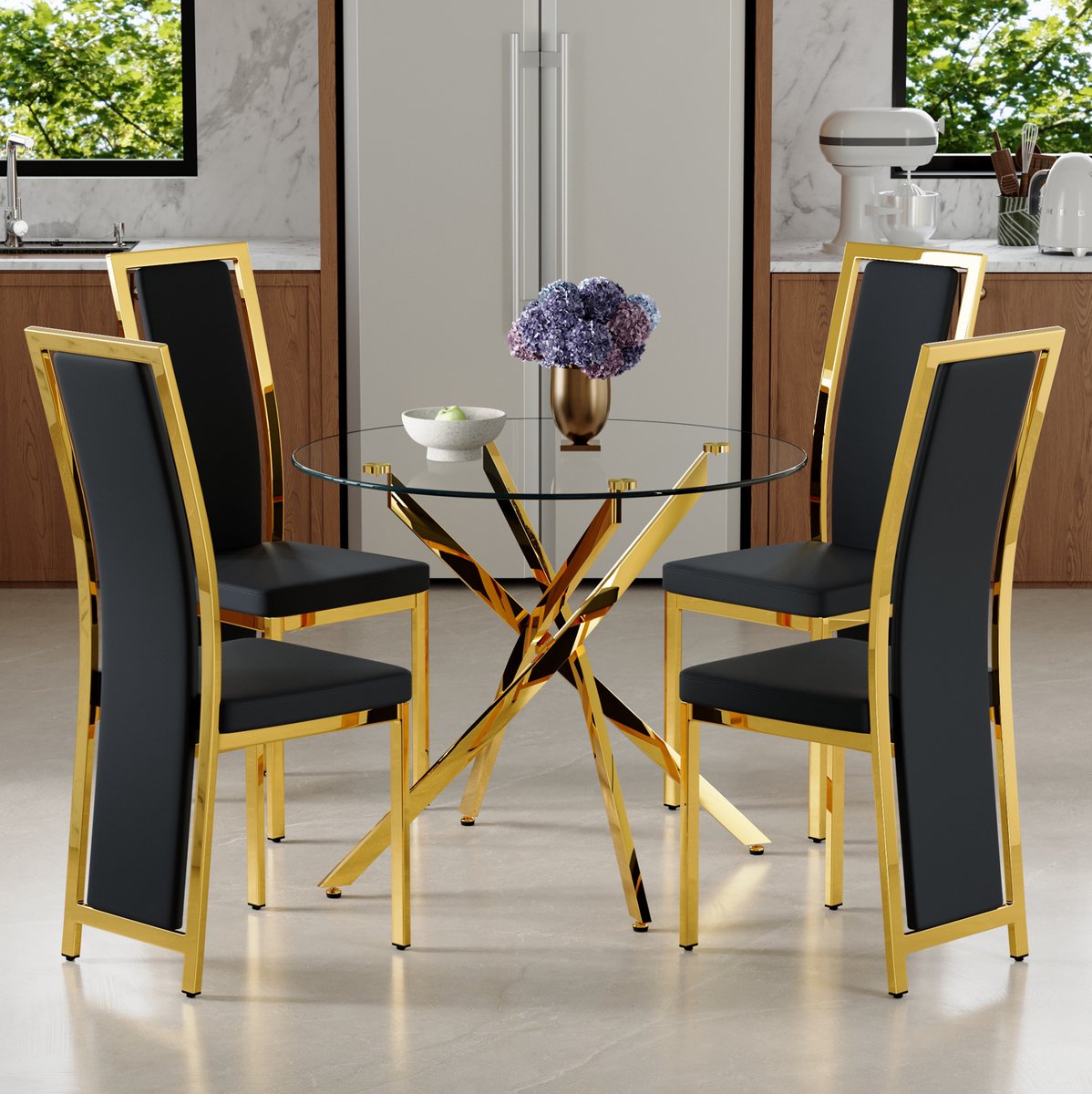 REDOM - Set tafel en stoelen - Ronde eettafel van gehard glas - Metalen kruispootonderstel - 4 stoelen - Modern - Eetkamer of keuken - Metaal, glas, PU-leer - Zwart, goud en transparant - 88 cm