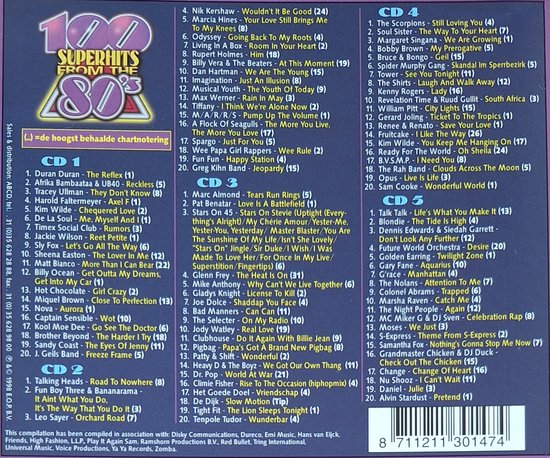 Achterkant CD-hoes met tracklijsten voor CD1, CD2, CD3, CD4 en CD5.