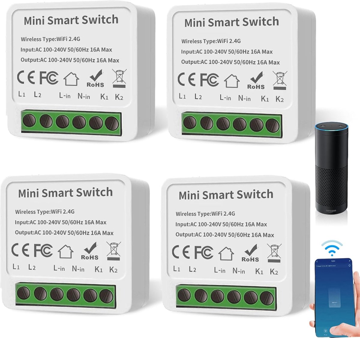 Slimme Lichtschakelaars 4 stuks - 1 Weg Module - Dual Control - Spraakbediening met Alexa en Google Home - SnelShoppen
