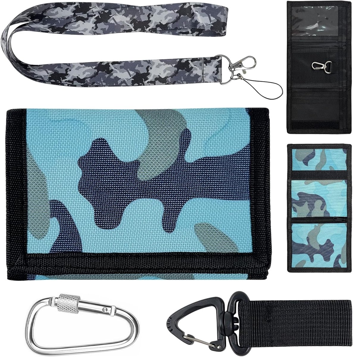 SnelShoppen - Slim Wallet voor Kinderen, Camouflage Portemonnee van Polyester met Karabijnhaak + D-vormige Klimhaak + Camouflage Telefoonkoord, Ideaal