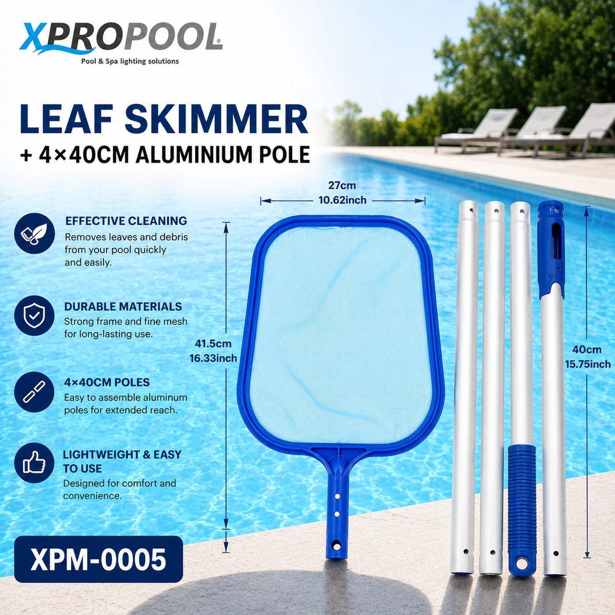 XPRO POOL Skimmer Net met Diep Fijnmazig Net & 4-delige Aluminium Steel