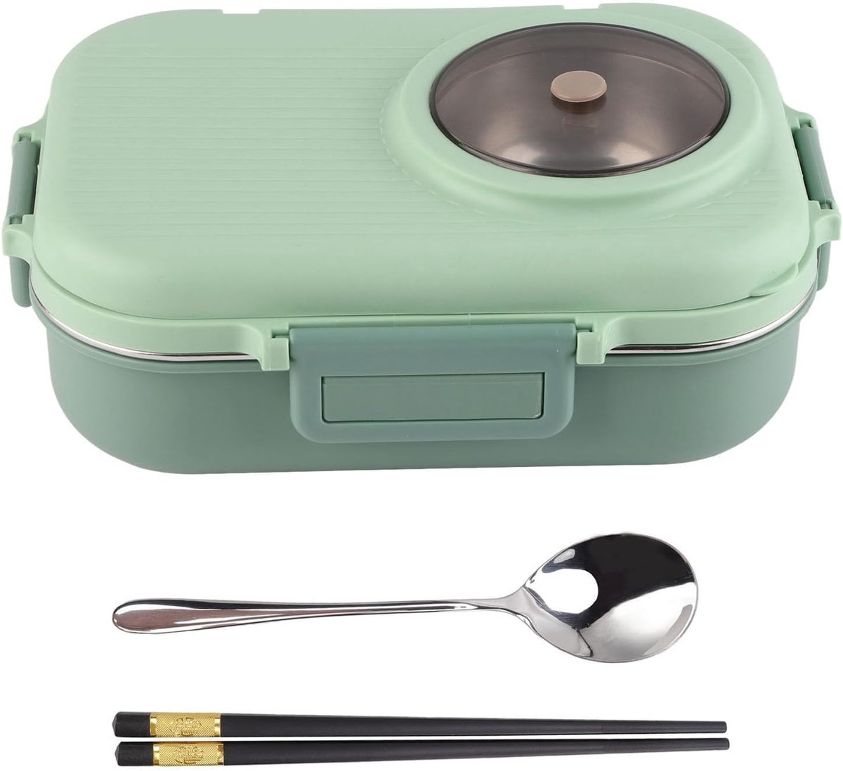 SnelShoppen - Thermos Lunchbox 1100ml Dubbele Laag 3 Vaks Ontwerp 304 RVS - Box met Eetstokjes Lepel Soepkom (Groenten)