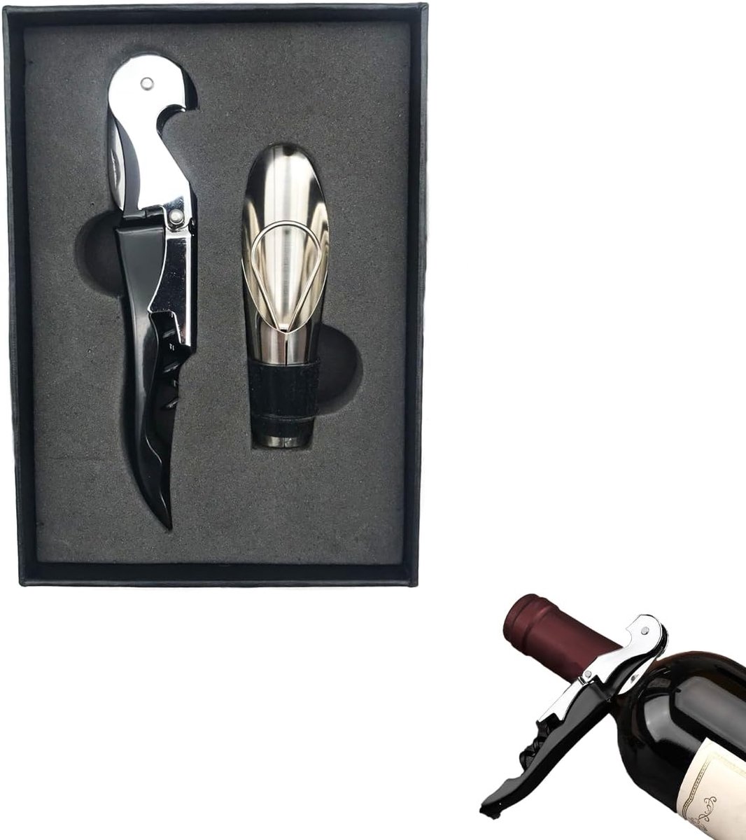 SnelShoppen - 2-delige Accessoire Set voor Handmatige Wijnopener, Sommelier Set met Flesopener en Wijnfles Stopper, Ideaal voor Rode Wijn en Bier, RVS