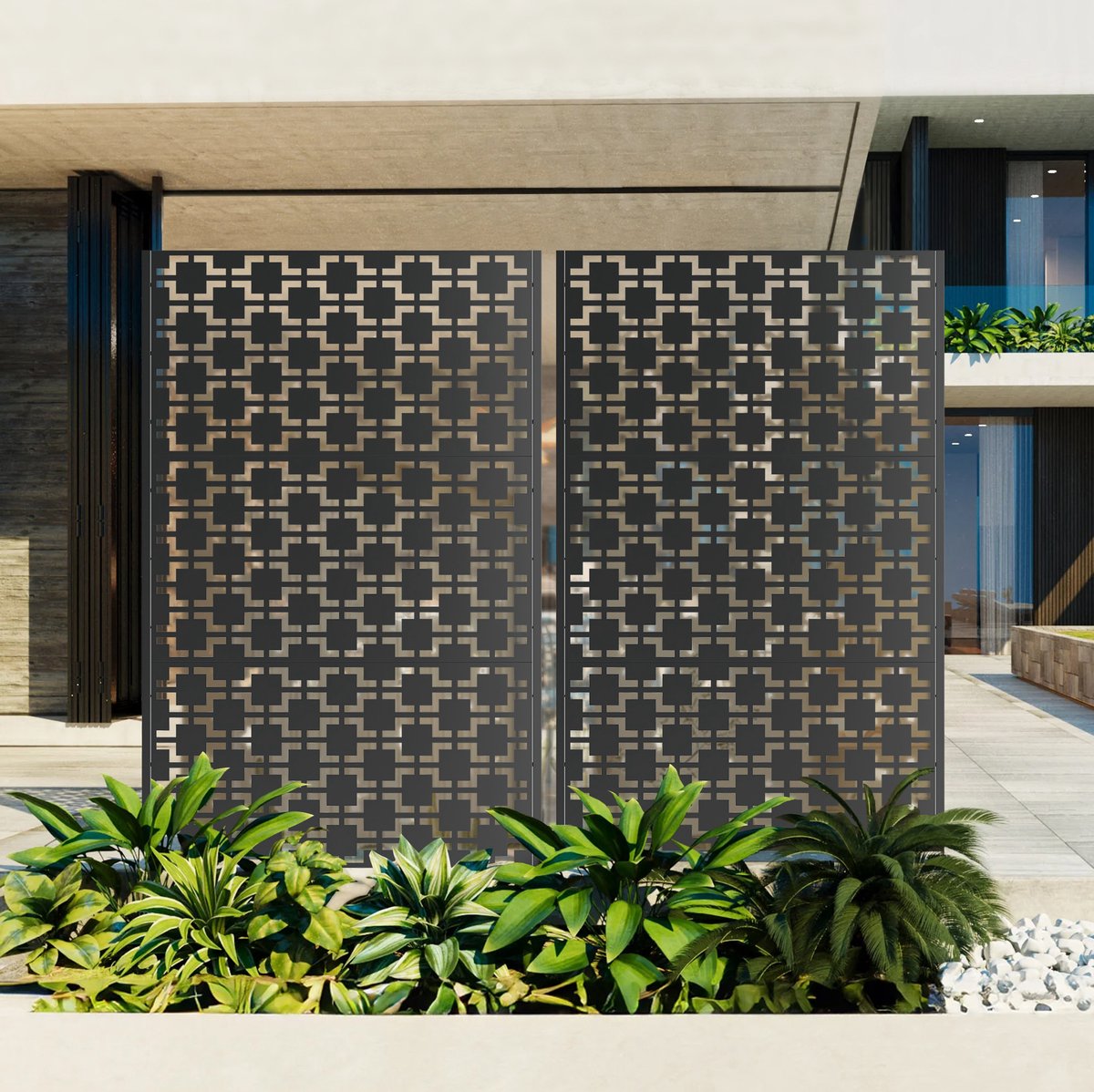 REDOM - Tuinscherm - Privacyscreen vrijstaand - Metalen paneel met brede basis - Decoratieve afscheiding - Tuin, balkon en terras - Metaal - Zwart - 183 x 116 cm