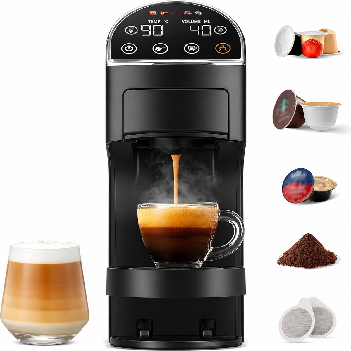 5-in-1 Koffiemachine voor Nespresso Original, Dolce Gusto, Lavazza A Modo Mio, ESE 44mm Pads & Gemalen Koffie, LED Touchscreen, Auto-Aanpassing, 20 Bar, Compact voor Thuis en Kantoor