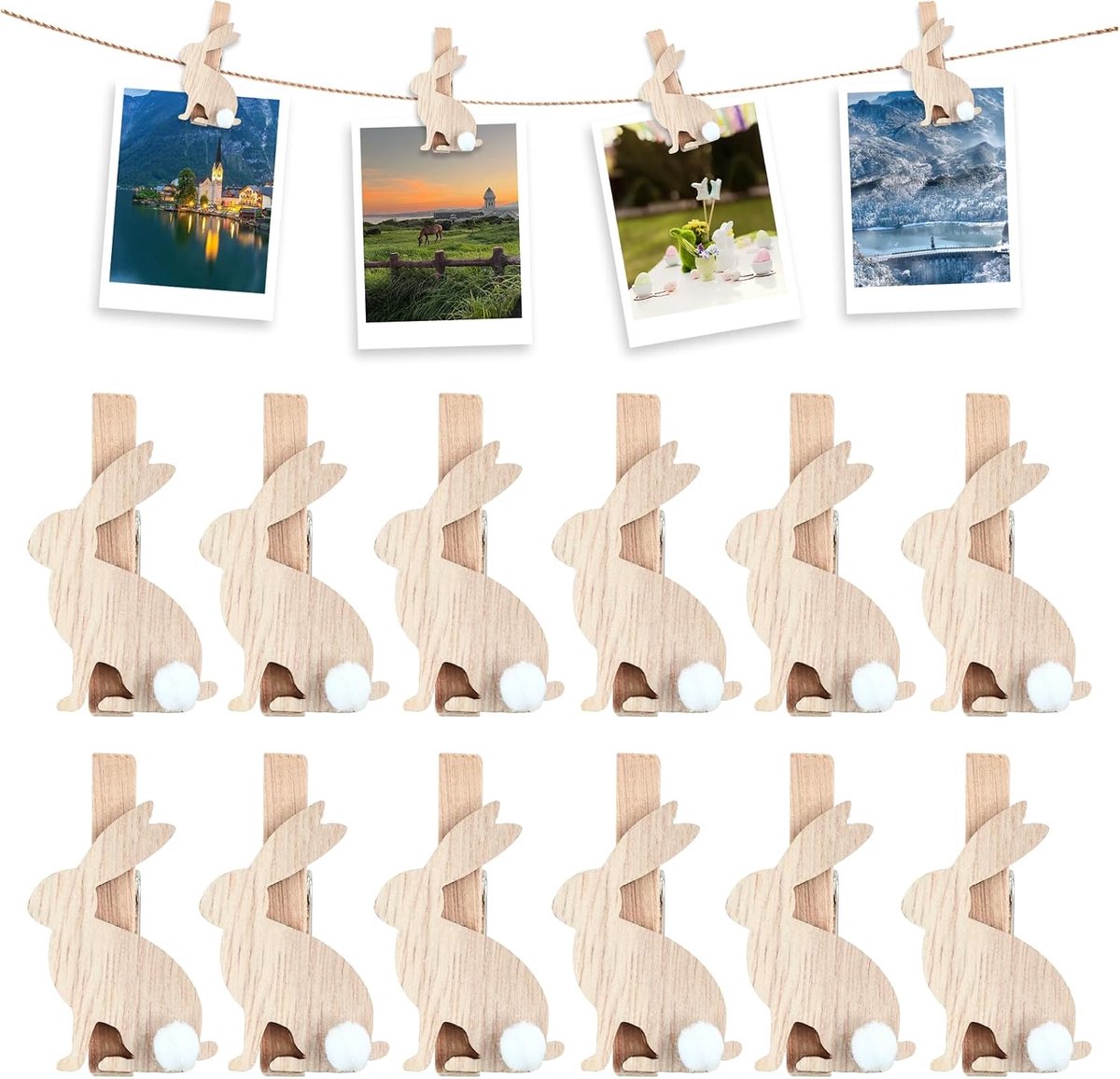 SnelShoppen - 12 Mini Houten Klemmetjes in Konijn Vorm voor Pasen - Duurzame Decoratieve Kledingclips van Hout voor Thuisdecoratie en Foto Displays
