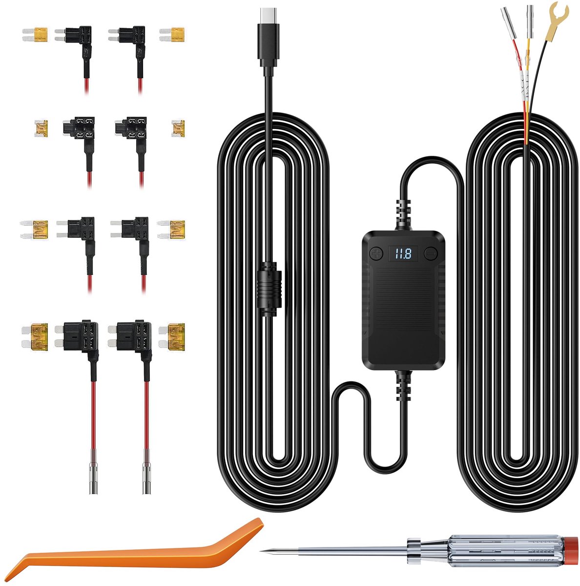 SnelShoppen - TERUNSOUl Dashcam Hardwire Kit V3F, 12V-24V naar 5V Type C Bedradingskit met Spanningsindicator, 3M/9.8Ft, 3-Traps Laagspanningsbeveilig