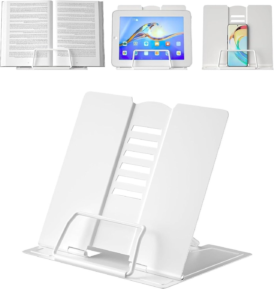 Boekenstandaard - Wit - 20 x 19 x 15 cm - Inklapbaar en Verstelbaar van Metaal - Voor Boeken, Tablets en Recepten
