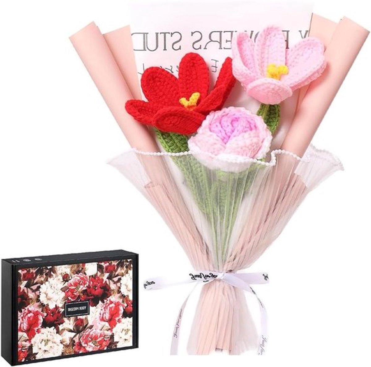 Gehaakte Bloemen Boeket met Roze Rozen en Tulpen in Cadeaubox, Perfect voor Verjaardagen, Moederdag en Valentijnsdag