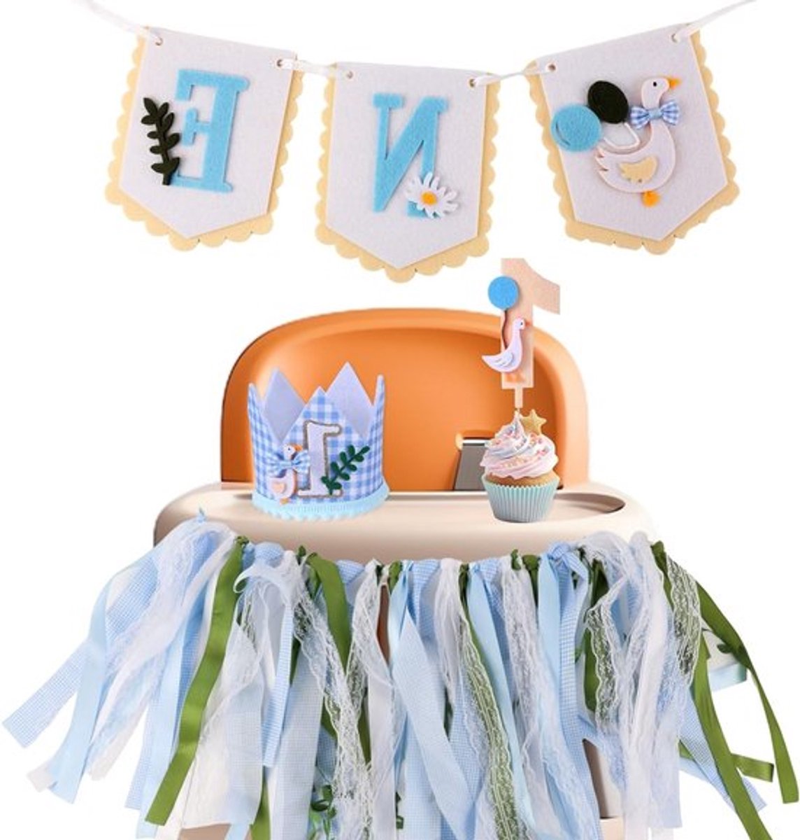 Eerste Verjaardag Feestdecoratie Set met Kinderstoel Hoed en Taarttopper in Gans Motief voor Jongens en Meisjes, Perfect voor Verjaardagsfeestjes en Thematische Vieringen