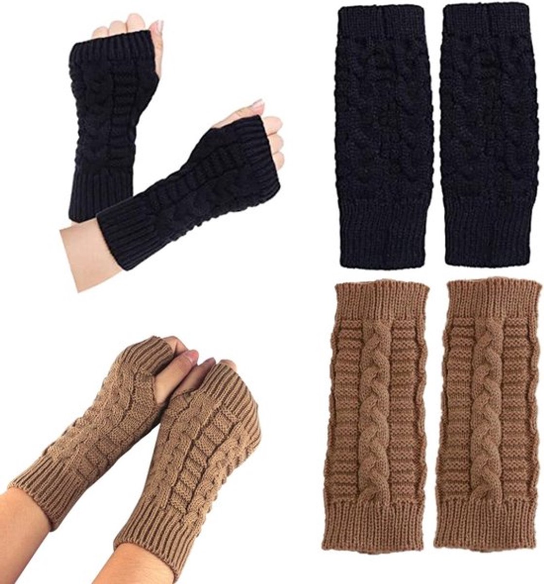 Vingerloze gebreide handschoenen voor dames - Winter armwarmers en polswarmers in zwart en bruin, ideaal voor koude dagen en modeaccessoires