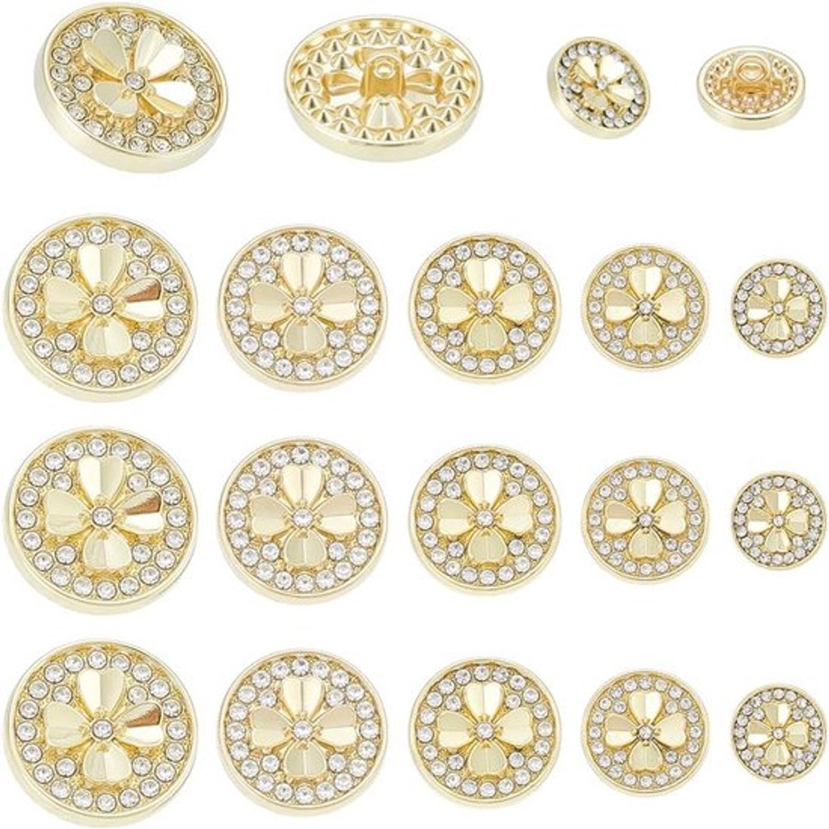 15 Pcs 5 Stijlen Kristallen Ronde Strass Knopen, Legering Platte Ronde Schacht Knoop met 1 Gat en Klavertje Vier voor Bruiloft, Feestdecoratie en DIY Sieraden Maken, Lichtgoud