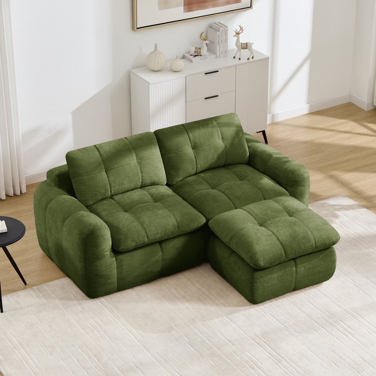 FloraGrace Hoekbank 2-Zits L-Vormig - Modulaire Bank Met 1 Voetenbank, Karosteppatroon En Zachte Chenille - Voor Woonkamer En Appartement - Groen