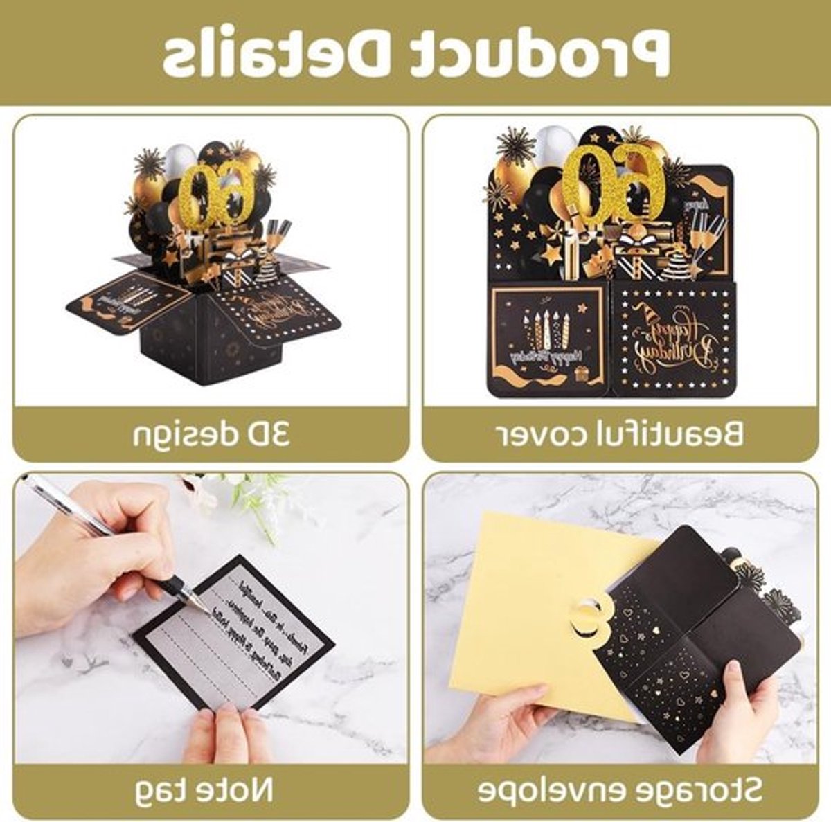3D Verjaardagskaart voor 60e Verjaardag, Pop-up Kaart met Envelop, Uniek Cadeau voor Vrouwen, Kinderen en Mannen in Zwart en Goud
