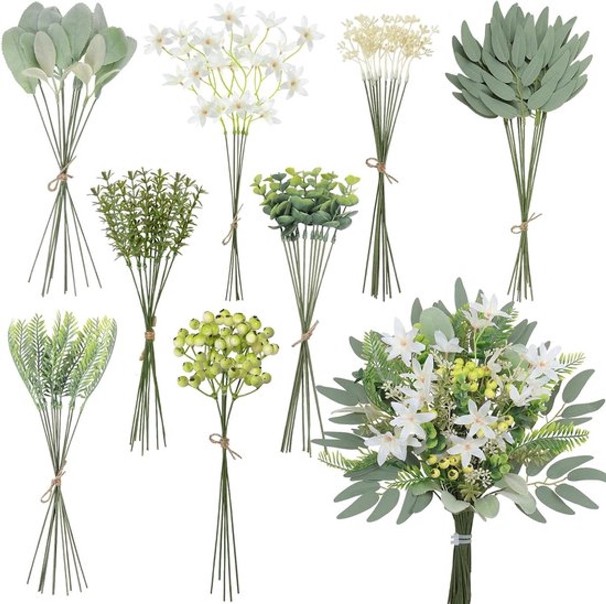 70 Stuks Kunstbloemen en Takken, 8 Soorten Groene Bladeren en Witte Bloemen voor Bruiloft, DIY Boeket en Tafelarrangementen