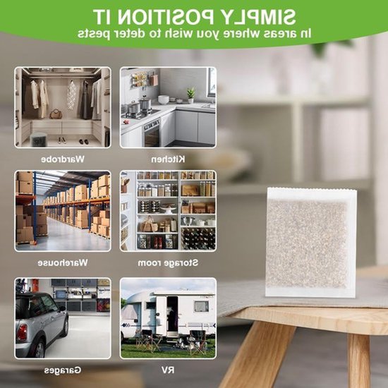 Collage van zes afbeeldingen: kledingkast, keuken, magazijn, voorraadkamer, garage, camper. Rechts een zakje met korrels. Tekst: "Plaats simpelweg op de plek waar u de plaag wilt afweren".
