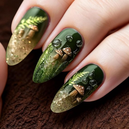 24 Handgemaakte Press-on Nagels | Kerstnagels te plakken met Design Amandelvormige Nagels met Paddestoel Jelly Gel Draagset Voor Vrouwen en Meisjes — afbeelding 3