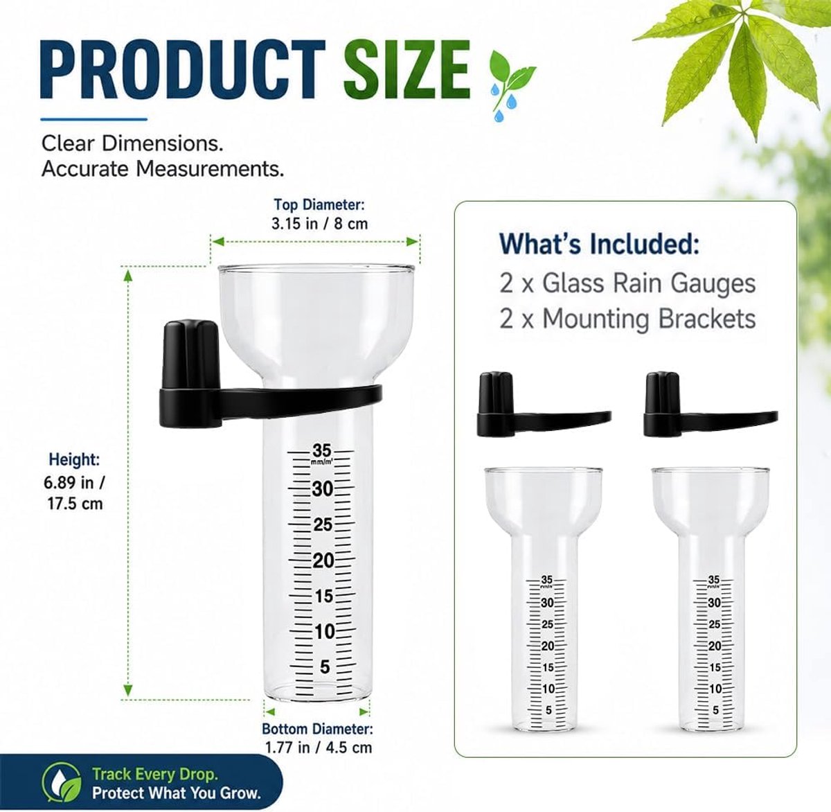SnelShoppen - Regenmeter 2 stuks 35 mm Borosilicaatglas Krasbestendig Nauwkeurig Transparant Tuin Regenmeter met Fijne Schaal en Houder Buiten