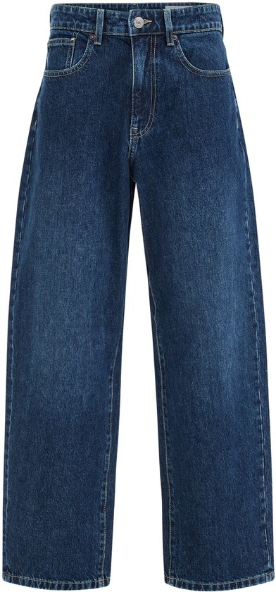 Donkerblauwe barrel fit spijkerbroek, rechtvallend model.