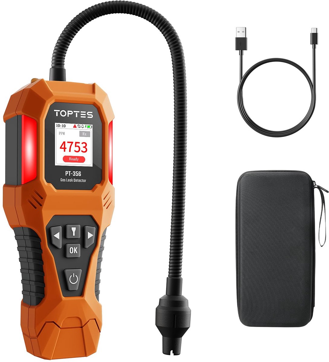 SnelShoppen - Oplaadbare aardgasdetector met ganzenhals 25,4 cm, detectiebereik 0-20% LEL, 3-alarmsysteem, gaslekdetectie voor thuis en industrie
