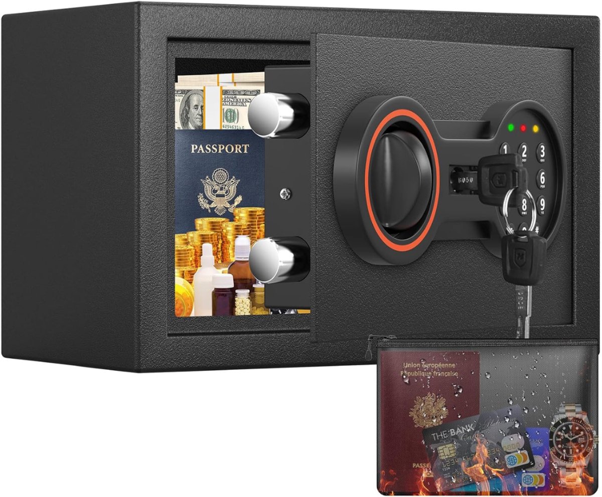 SNJY® Kluis Brandwerend - Kluisje met Sleutel - Documentenkluis met Cijferslot - 17D x 27B x 17H cm - Zwart