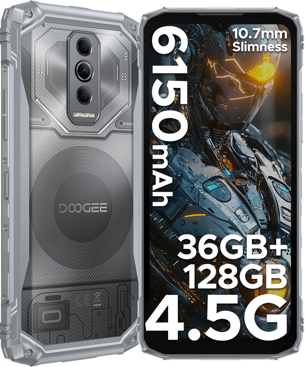 DOOGEE Blade 10 Ultra Energy 4.5G - Robuuste Telefoon - Smartphone - 36 GB RAM+128 ROM（2TB/TF) - UNISOC T7250 - Android 16 - 6,56-inch HD+ 90Hz - 64MP Camera - 6150mAh/18W - IP68 - 10.7mm - Vingerafdruk-Face ID - NFC - GPS - Zilver