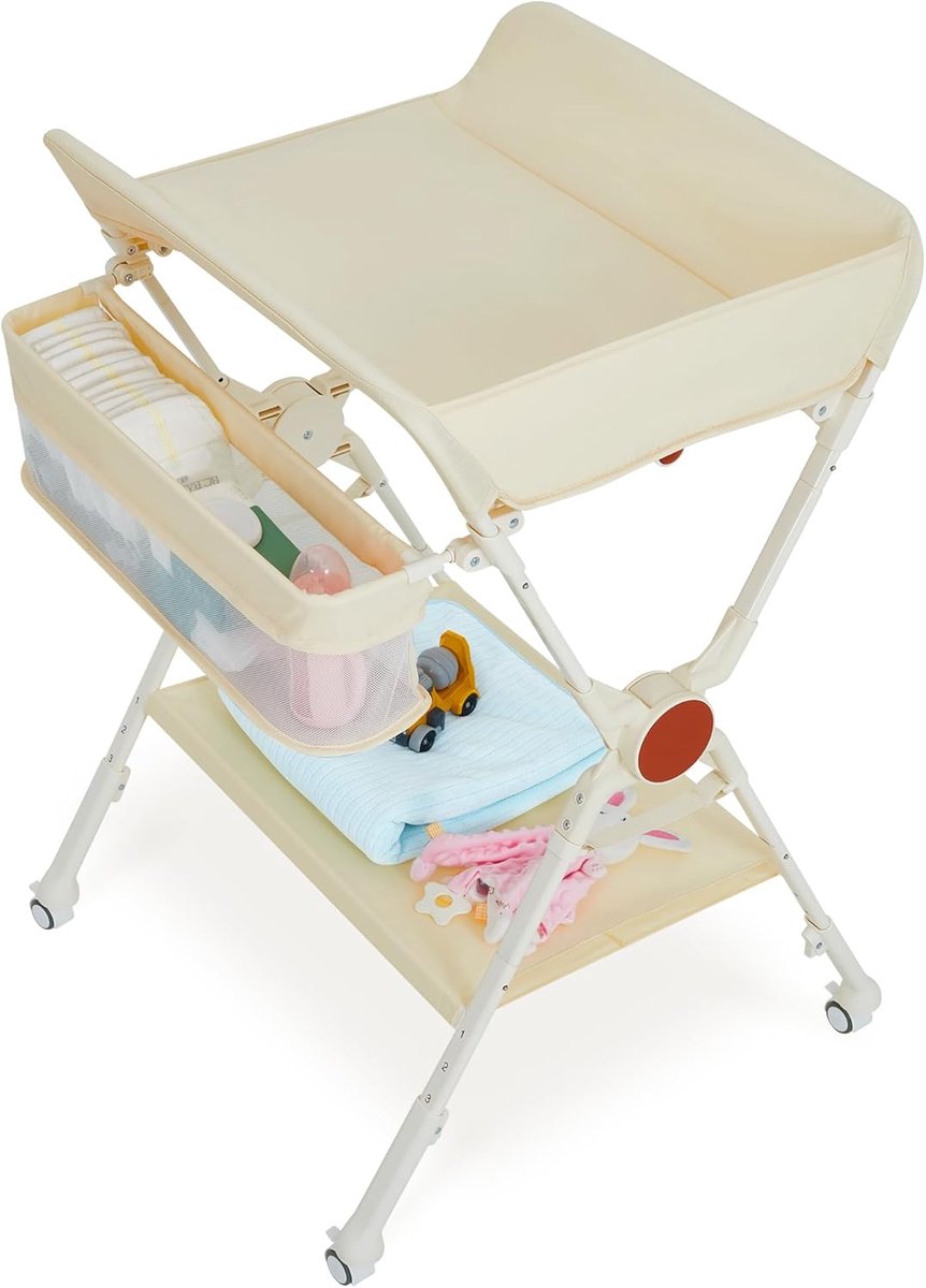 Babyverschoontafel 69 * 68,8 * 107 cm, opvouwbare verschoontafel van ijzer en stof met veiligheidsgordel, vier wielen met remmen en zijmandje, in hoogte verstelbaar voor pasgeborenen