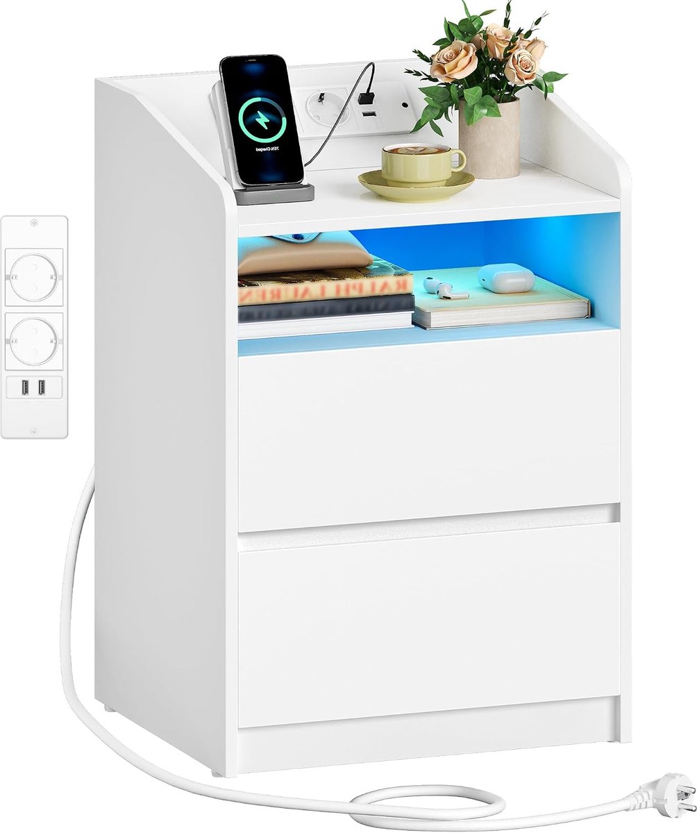 Hzuaneri Nachtkastje, bijzettafel met 2 lades, 2 stopcontacten, 2 USB-A-poorten, ledverlichting, open schap, modern, slaapkamer, woonkamer, 35 x 40 x 58 cm, wit
