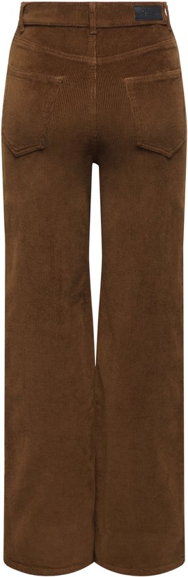 Achterkant van bruine corduroy broek met wijde pijpen, hoge taille en twee zakken.