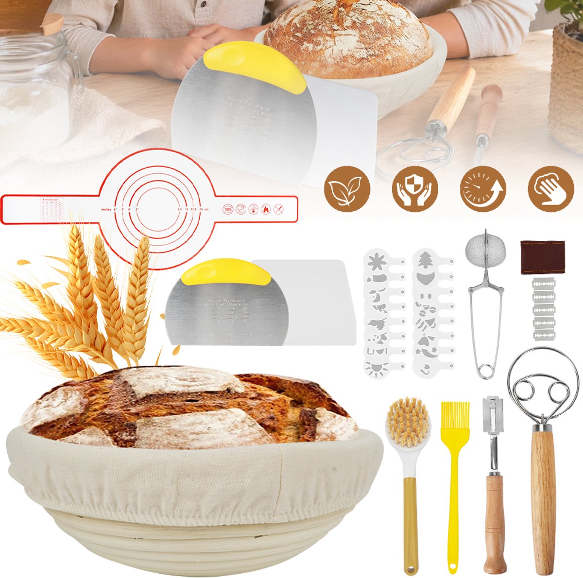Complete Broodbak Set Met Rijsmand Van 23 cm Deegsnijder Kwast En Zeef - 100% Natuurlijk Rotan Linnen Voering En Matten - Perfect Voor Zuurdesem- En Ambachtelijk Brood