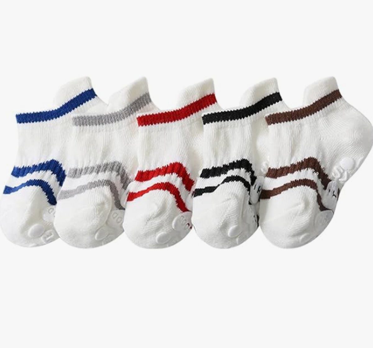 Set van 5 paren wit gestreepte antislip peutersokjes maat S (1-3 jaar, voet 10-14cm), ademende vloersokjes met siliconen zool voor binnenspelen