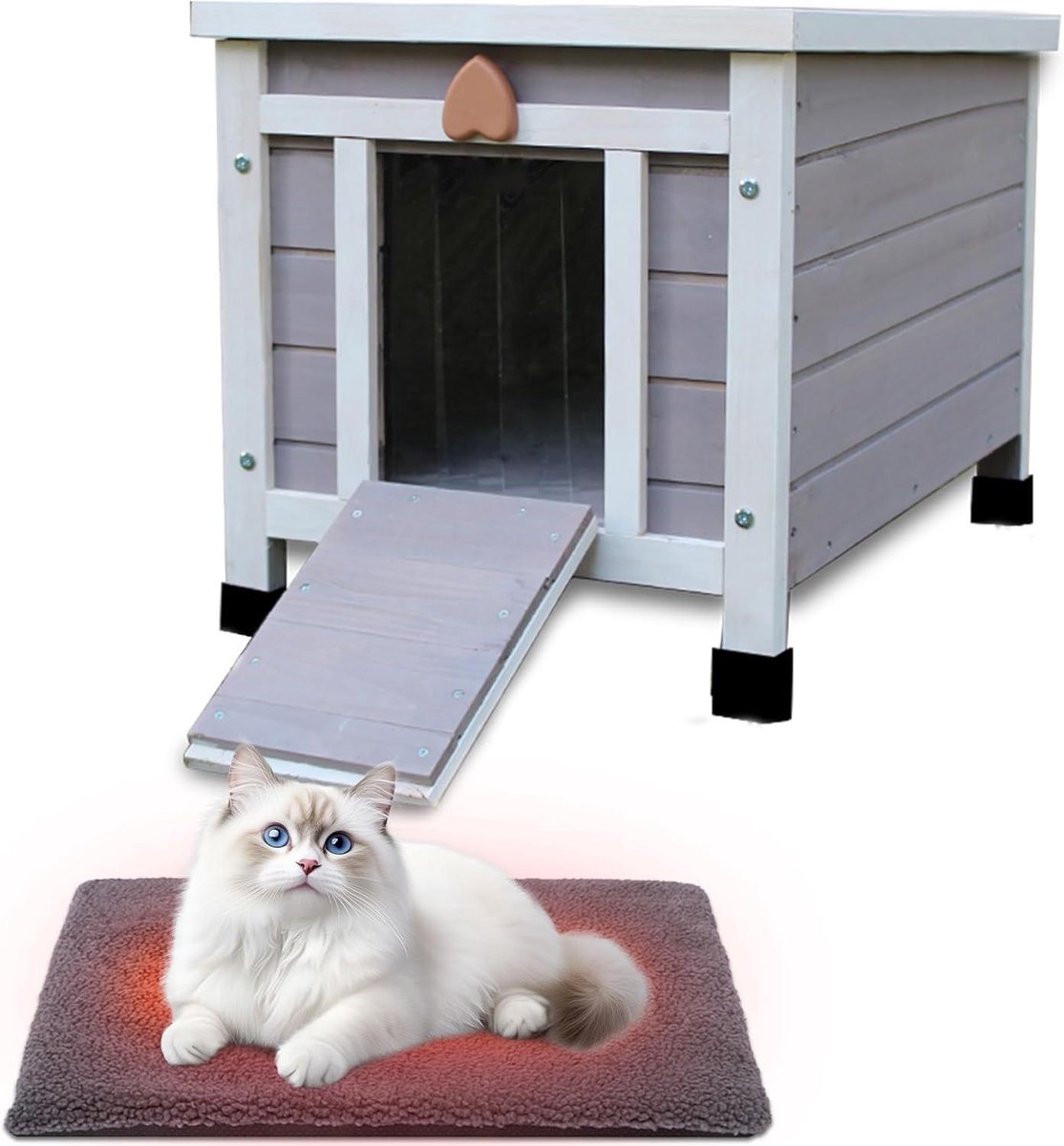 Buiten Kattenhuis - Dierenverblijf Hout - Bescherming Tegen Weer - Inclusief Zelfverwarmende Mat - 42 x 51 x 43 cm