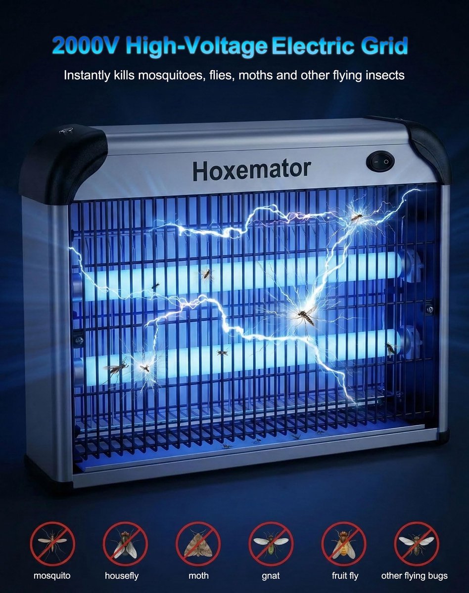 SnelShoppen - Elektrische Insectenverdelger 20 W, Dubbel UV Licht, 2000 V Hoogspanning Muggenval voor Binnen, Chemische Vrije Vliegenval tot 100 m², M