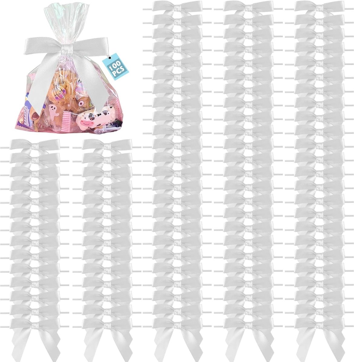 100 Stuks 6.8 cm Twist Tie Strikjes voor Creatief Gebruik, Vooraf Gemaakte Witte Strikken voor Cadeauverpakking, Satijnen Strikken voor Bruiloften en Feestdecoraties