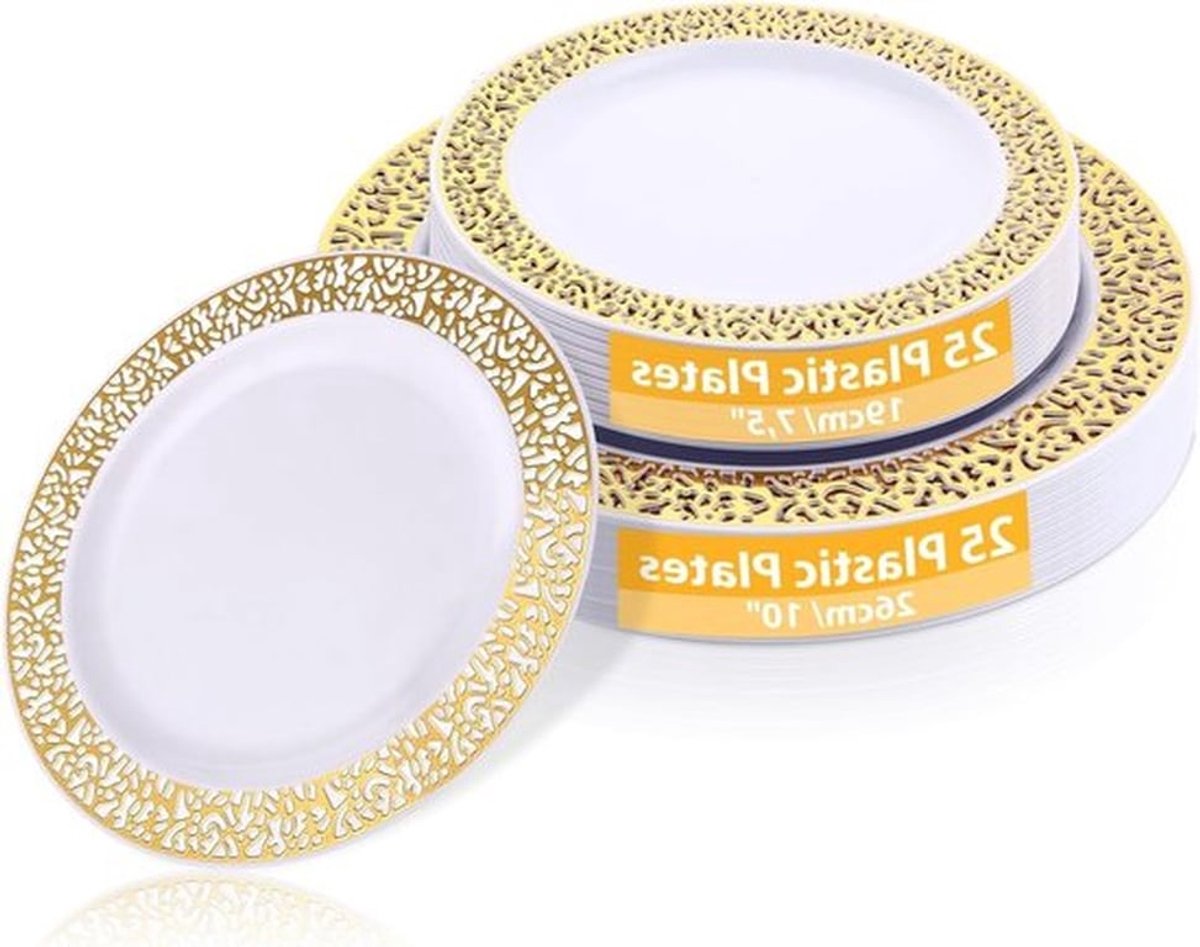 Witte Plastic Borden met Gouden Rand - Herbruikbare Borden voor Feesten, Bruiloften en Verjaardagen - 19cm en 26cm, Stevige Kwaliteit