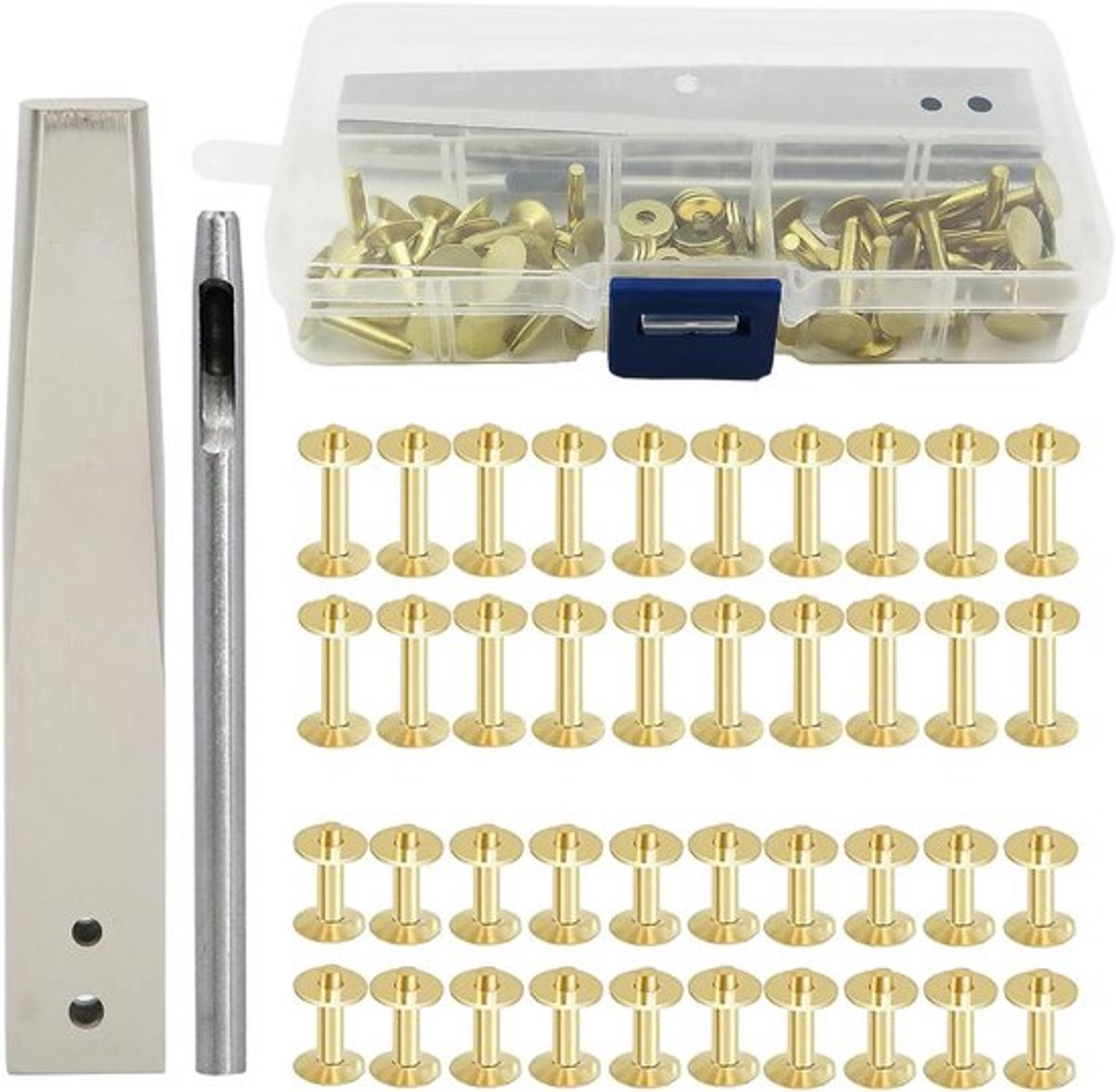 Set van koperen klinknagels voor leerbewerking, ronde kop, 14 mm en 19 mm, ideaal voor armbanden en accessoires, inclusief gereedschap voor bevestigen.