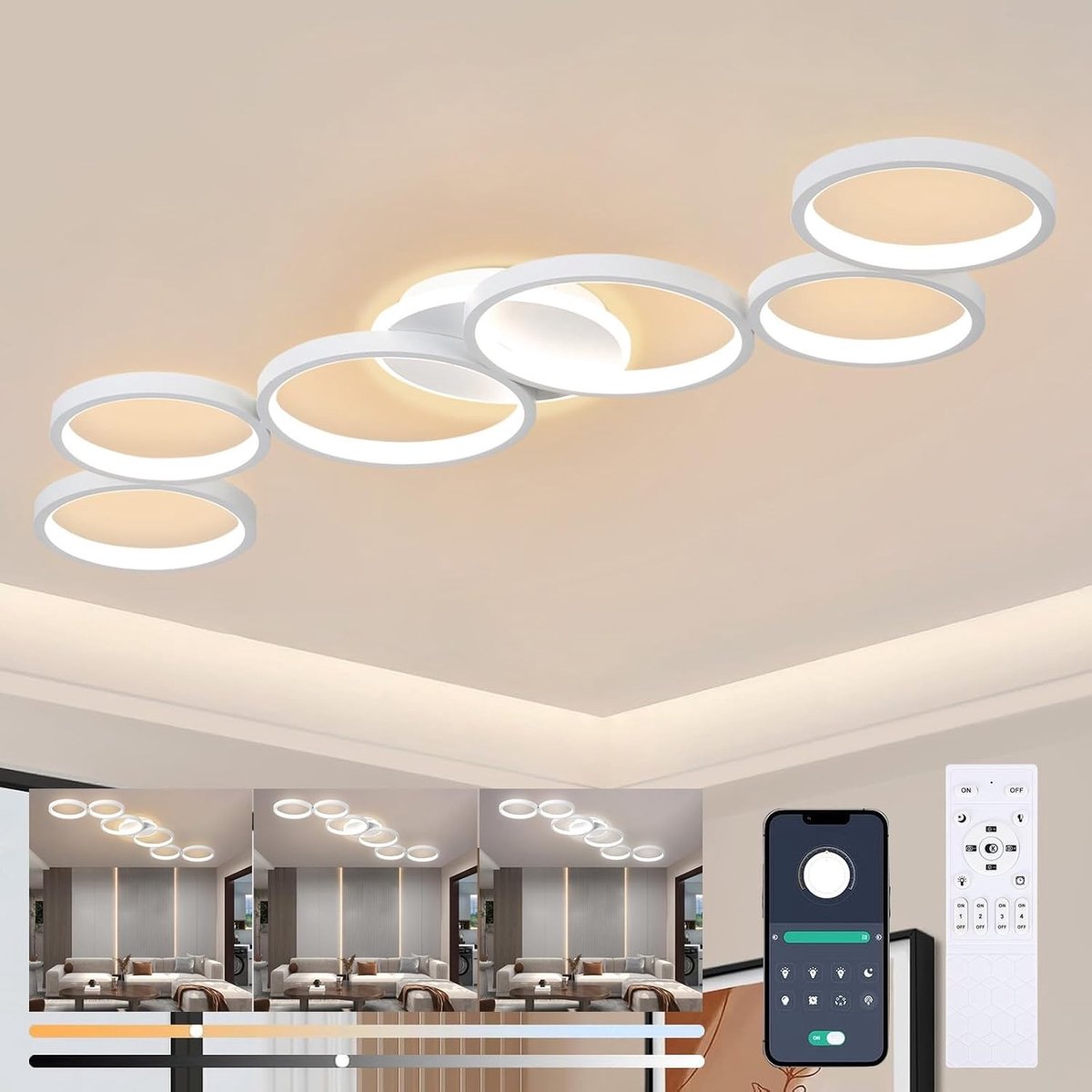LED Plafondlamp Dimbaar - Wit - 113 x 47,5 x 7 cm - Moderne 6-Rings Plafondverlichting met Afstandsbediening en APP - Voor Woonkamer en Slaapkamer