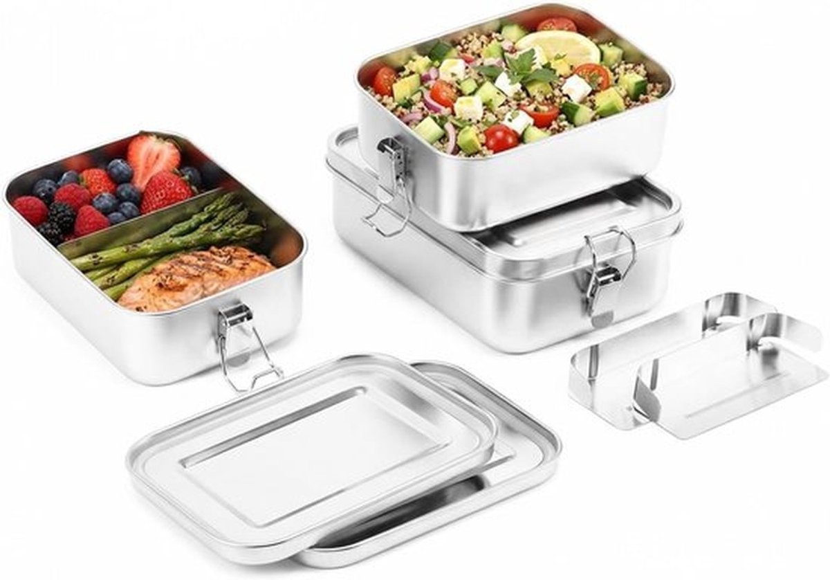 3-Pack RVS Bento Boxen, Lunchboxen 1400/850/850 ml, Lekvrij en Stapelbaar voor Soep, Salade en Herfstmaaltijden