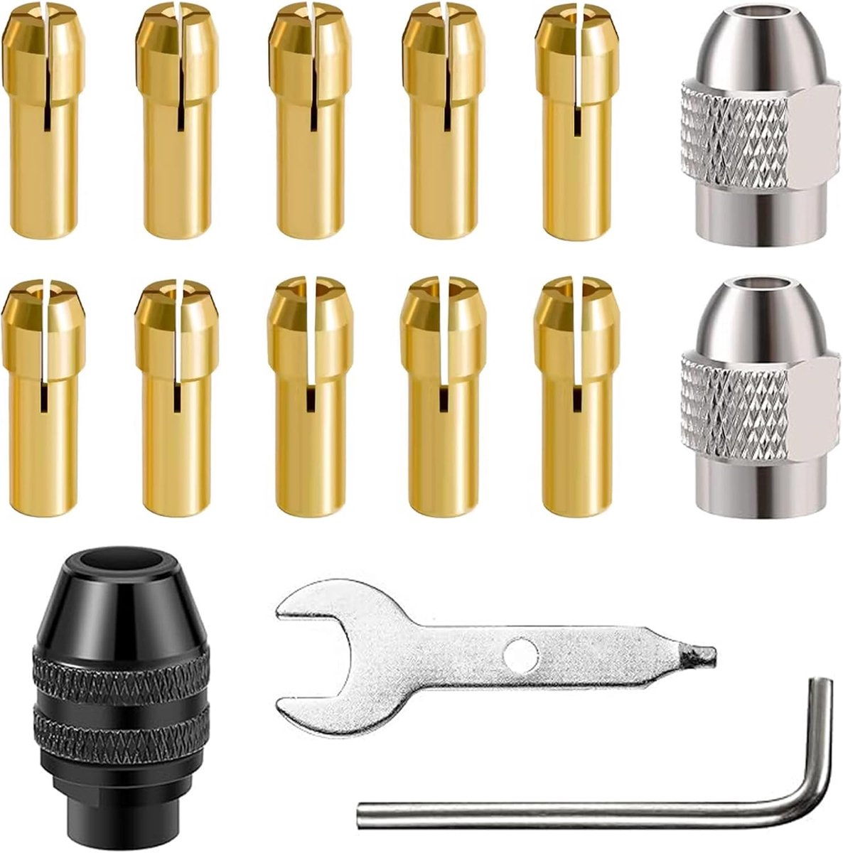 SnelShoppen - Brass Collet Set 15-delig, 0.5 - 3.2 mm Messing Collets voor Elektrisch Schuren, Inclusief 4486 Collet, Metalen Moeren, Sleutel en L-Vor