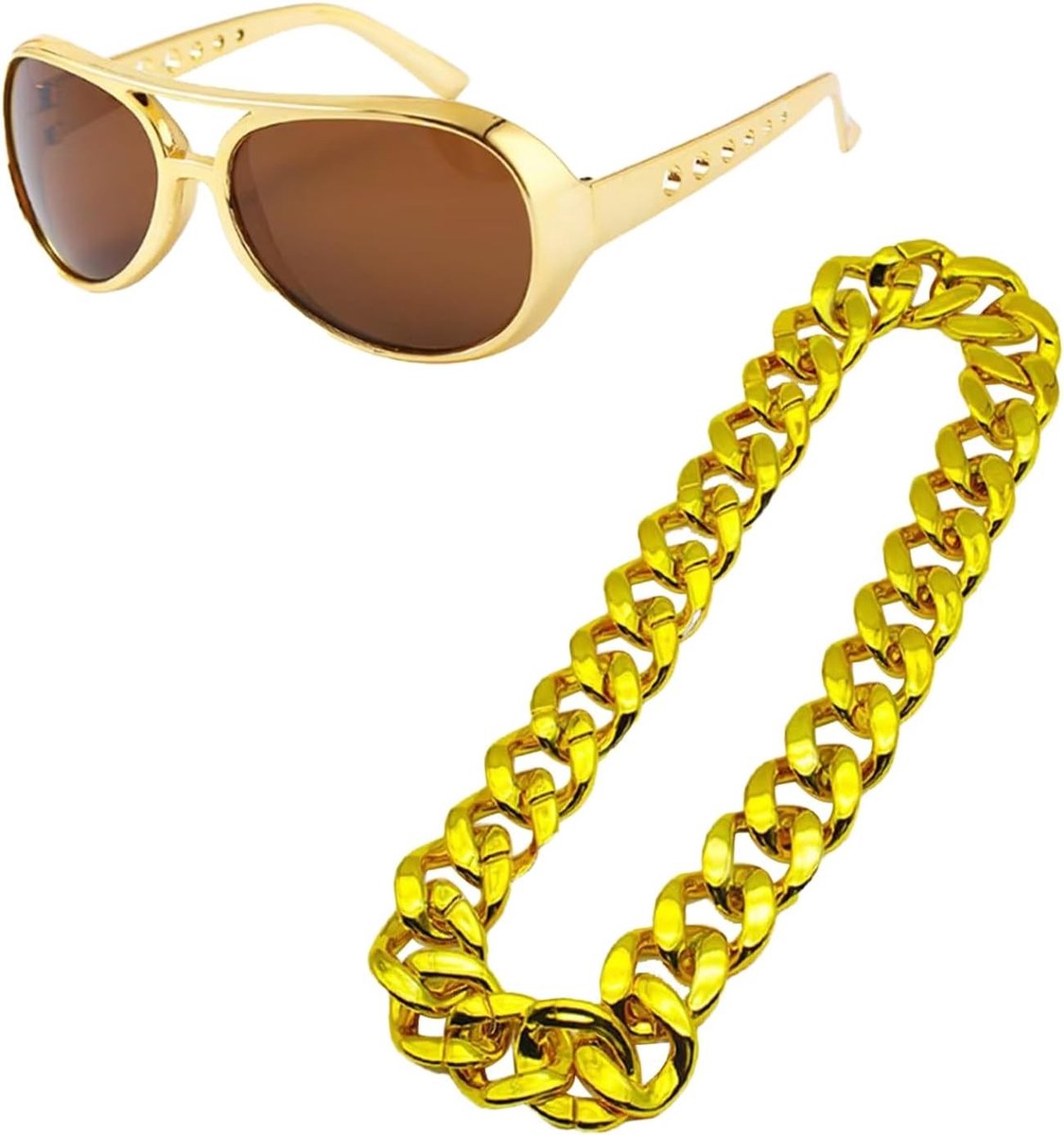 Set van 2 gouden kettingen en zonnebrillen, 90 cm lange gouden ketting, retro hip hop kostuum voor mannen en vrouwen, perfect voor Halloween en carnaval