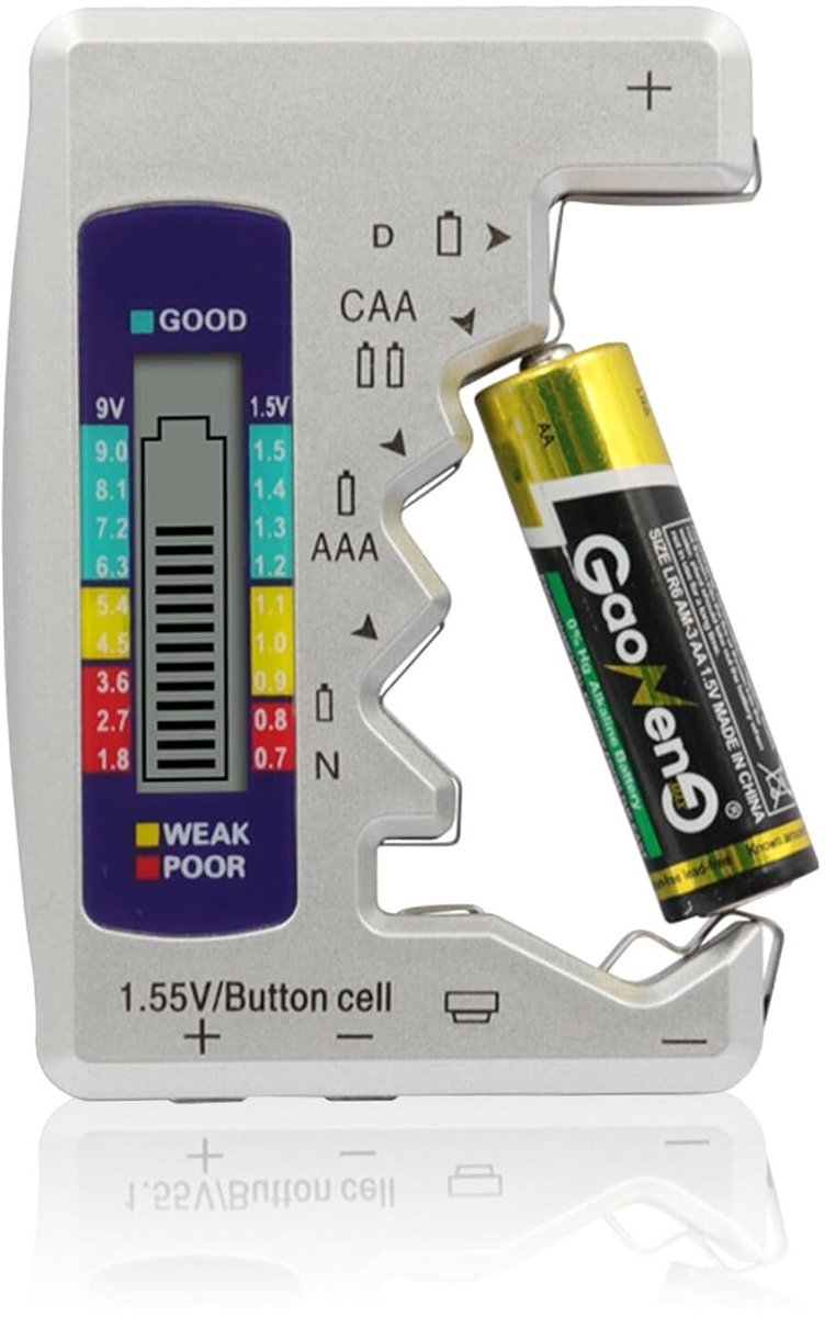 Batterijtester - Geen Opladen - 14,5 x 9 x 1,5 cm - Digitale Tester met LCD-Display - Voor Huishoudelijk Gebruik