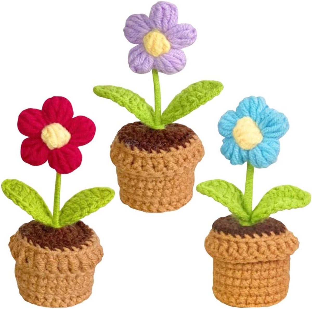 SnelShoppen - Pack van 3 Gehaakte Bloemen - Handgemaakte Wollen Yarn Kunstbloemen - Eclair Bloem voor Thuis, Kantoor, Auto Dashboard Decoratie, Pouffe