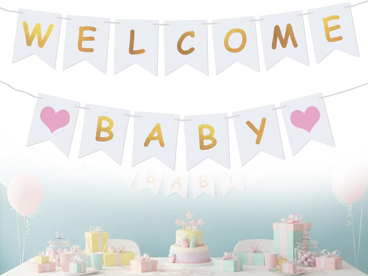 SnelShoppen - Kids Welkom Banner Baby Shower Versiering Roze 12x16 cm 2,5 m Lange Slinger voor Baby Shower Feest en Familie Celebraties