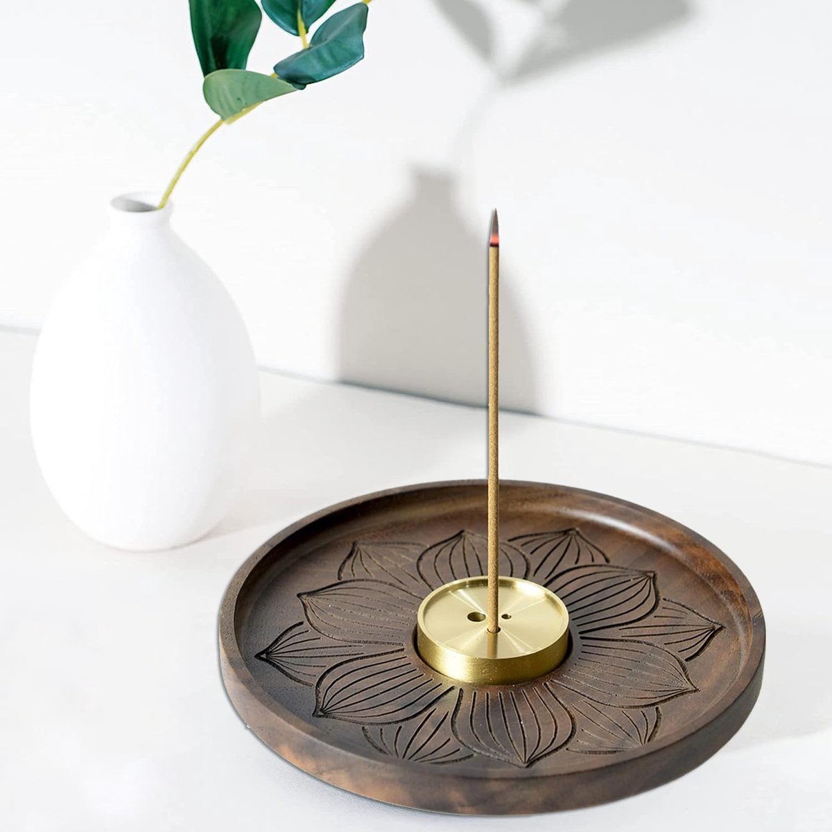 SnelShoppen - Holzlotus Wierookhouder, Wierookstokhouder van Walnotenhout met Asopvang, Wierookcone Houder voor Thuisdecoratie, Meditatie en Yoga