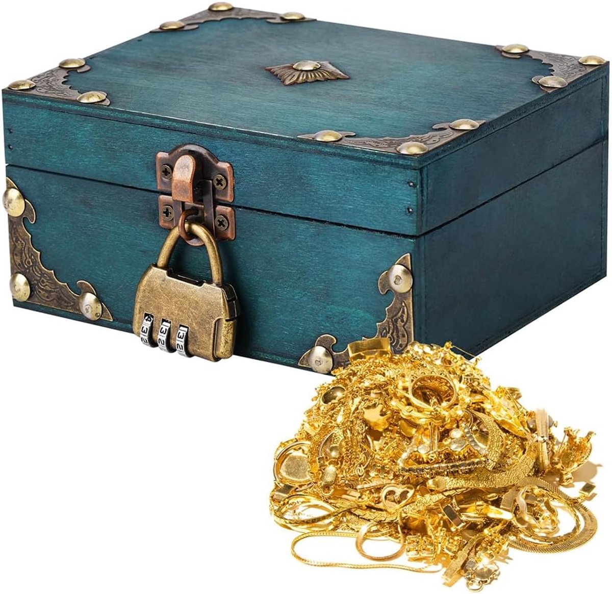 SnelShoppen - Houten Piraten Schatkist Opbergdoos met Combinatieslot, Vintage Decoratieve Doos voor Sieraden, Halloween en Kerst Cadeaus
