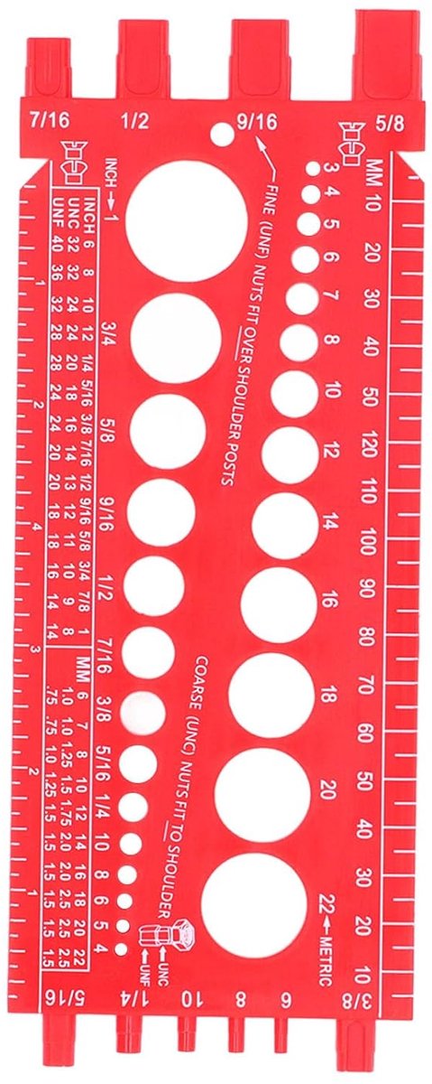 SnelShoppen - Multifunctionele Moer Bout Schroef Meter - Snelle Identificatie van Draad Maten - Inch Meetgereedschap voor Werkplaats Garage - Rood