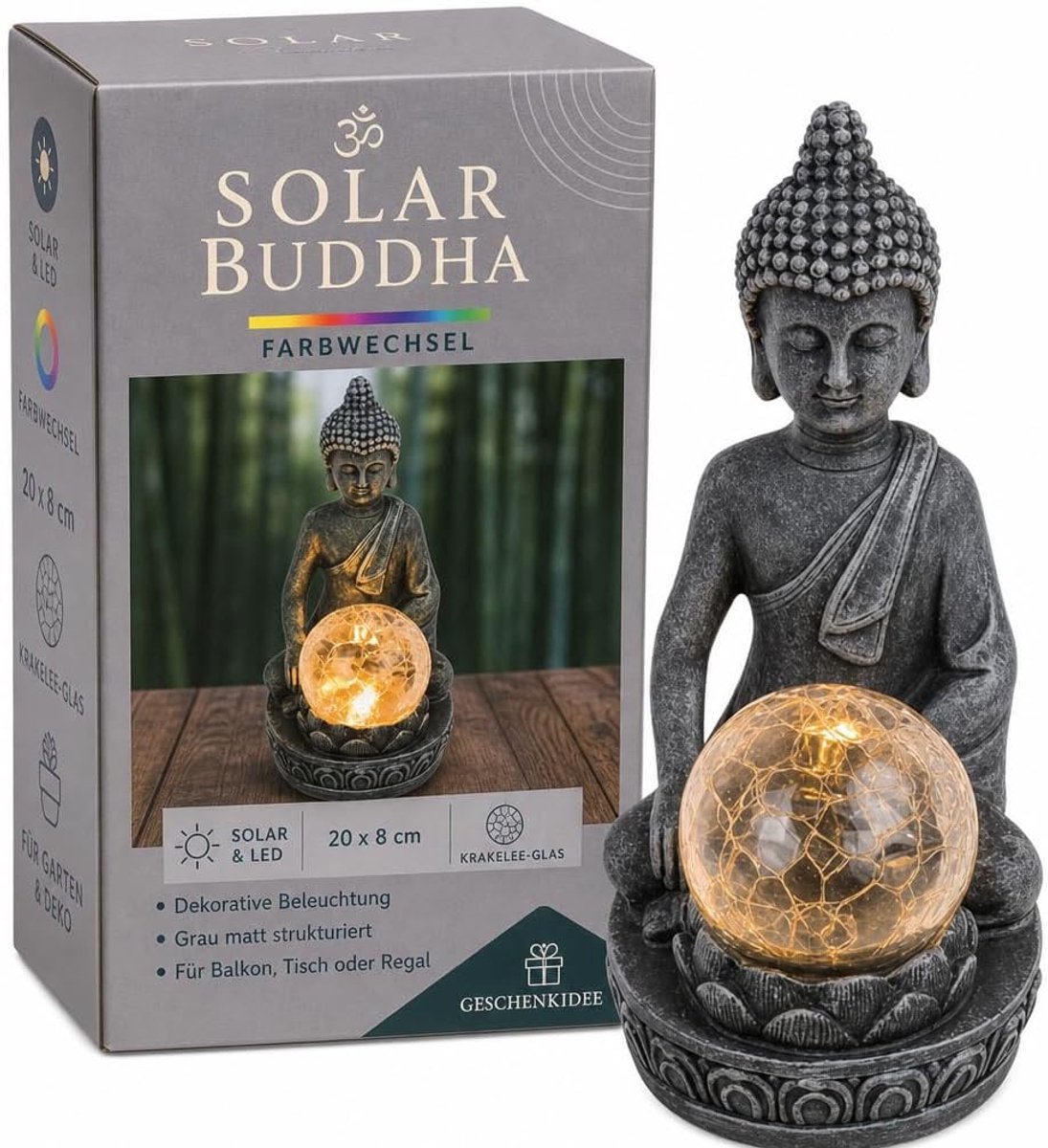 SnelShoppen - Solar Boeddha Beeld - Kleurveranderende LED Glazen Bal van Crackle voor Tuin en Decoratie, Waterdicht, Polyresin en Glas, 20 x 8 cm, Med