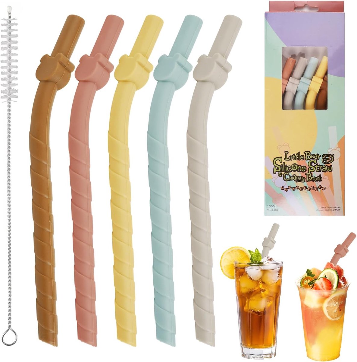SnelShoppen - 5x Kleurige Herbruikbare Silicone Rietjes met Schoonmaakborstel - 15.5cm Lang - BPA-vrij - Flexibele, Buigbare Rietjes voor Bubble Tea,